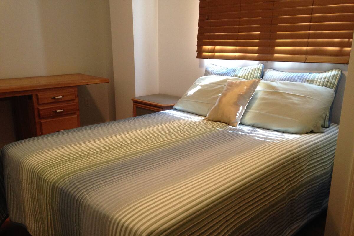A bedroom with a bed, a wooden desk, and a nightstand.