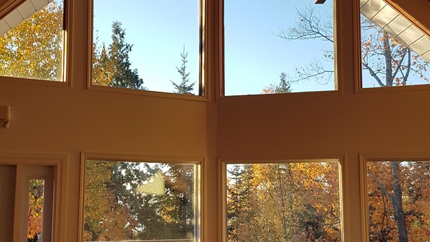 A spacious dining area with a high ceiling and large windows offering views of trees and a clear sky. - Warbler's Roost Country Inn B&B (Unorganized Centre Parry Sound)