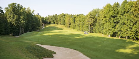 Een golfbaan met zandbunkers, bomen en een heldere lucht.
