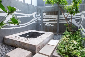 A modern outdoor bathroom with a marble sink, a large window, and a mosaic wall. - All-Ur Boutique Motel KaoHsiung Branch (Kaohsiung)