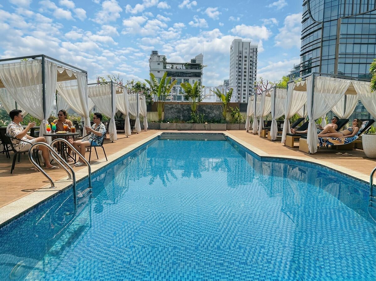 Outdoor pool, open 6:00 AM to 9:30 PM, pool umbrellas, pool loungers