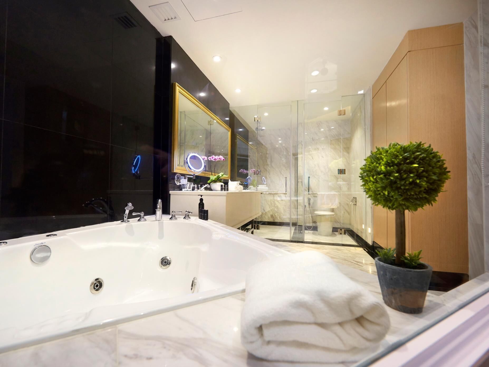 rainfall showerhead, free toiletries, hair dryer, bathrobes