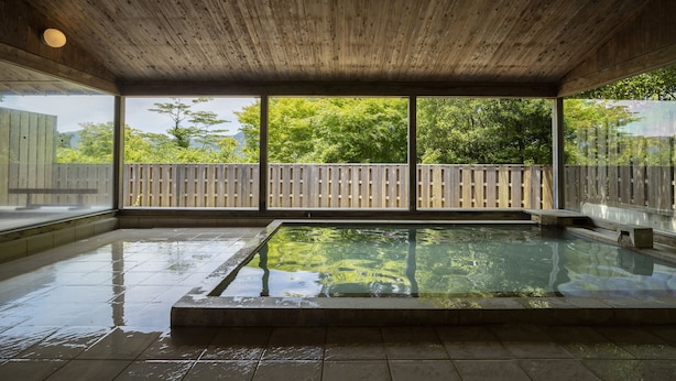 A wooden ceiling, a large window, and a pool. - Hakone Retreat Före (Hakone)