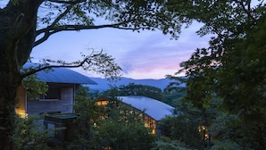 A modern house surrounded by dense forest, with a large metal roof and illuminated windows. - Hakone Retreat Före (Hakone)