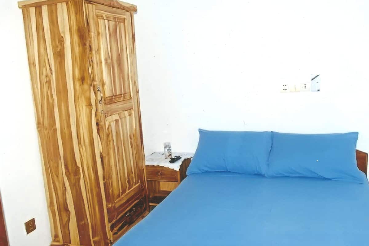 A bedroom with a wooden wardrobe, a blue bed, and a white wall with a power outlet.
