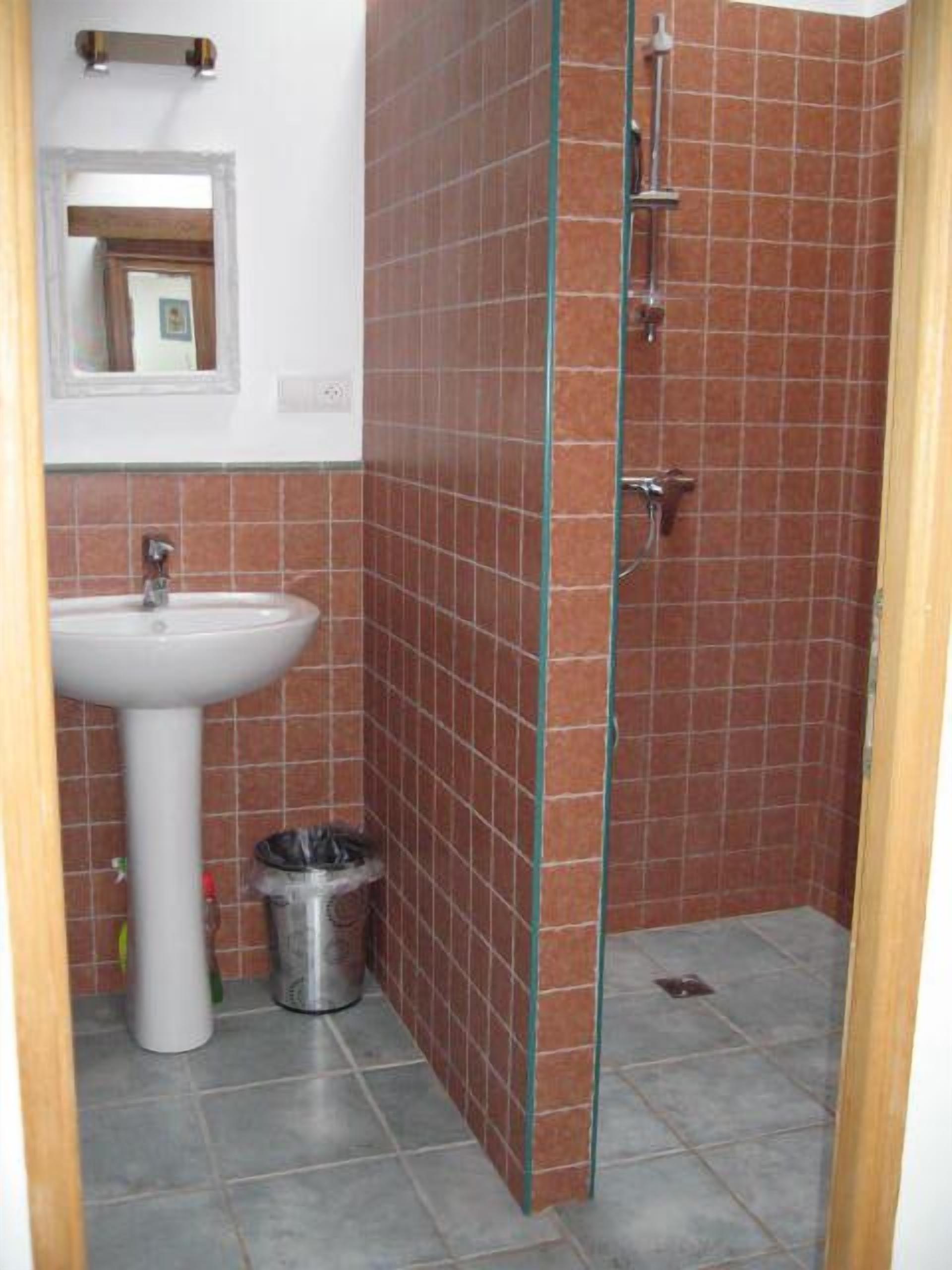 A bathroom with a white sink, a mirror, and a shower with red tiles.