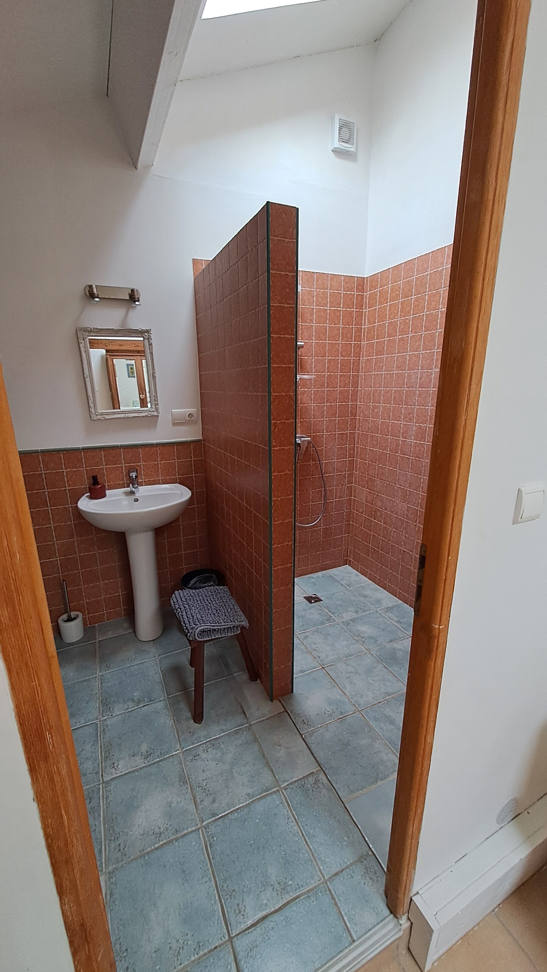 Une petite salle de bain avec un lavabo sur colonne, un espace douche et un petit marchepied.