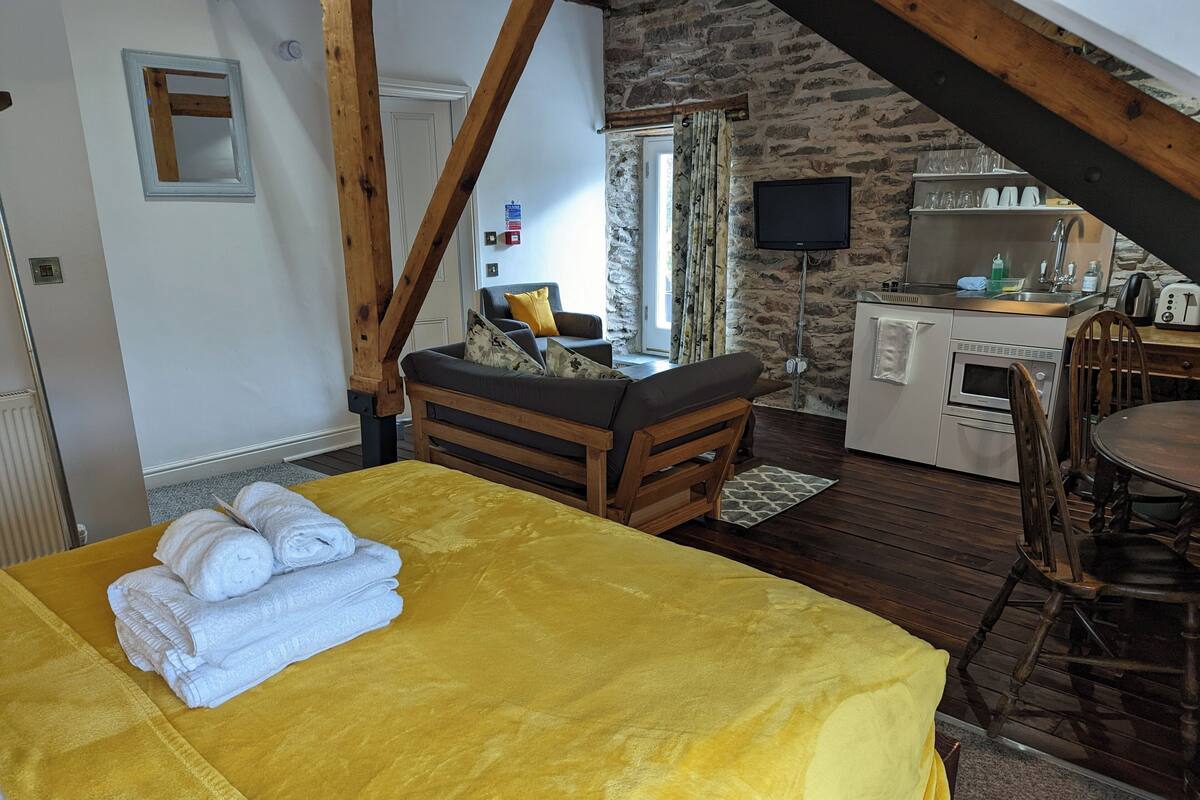 A room with a bed, a sofa, a dining table, a kitchen area, and a stone wall.