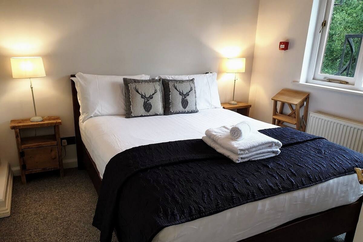A neatly made bed with a dark blue blanket, two decorative pillows with deer head designs, and a folded towel on the bed. There are two bedside tables with lamps, a window with a view of greenery, and a radiator on the wall.