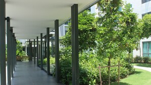 A covered walkway with metal columns, surrounded by greenery and a building in the background.