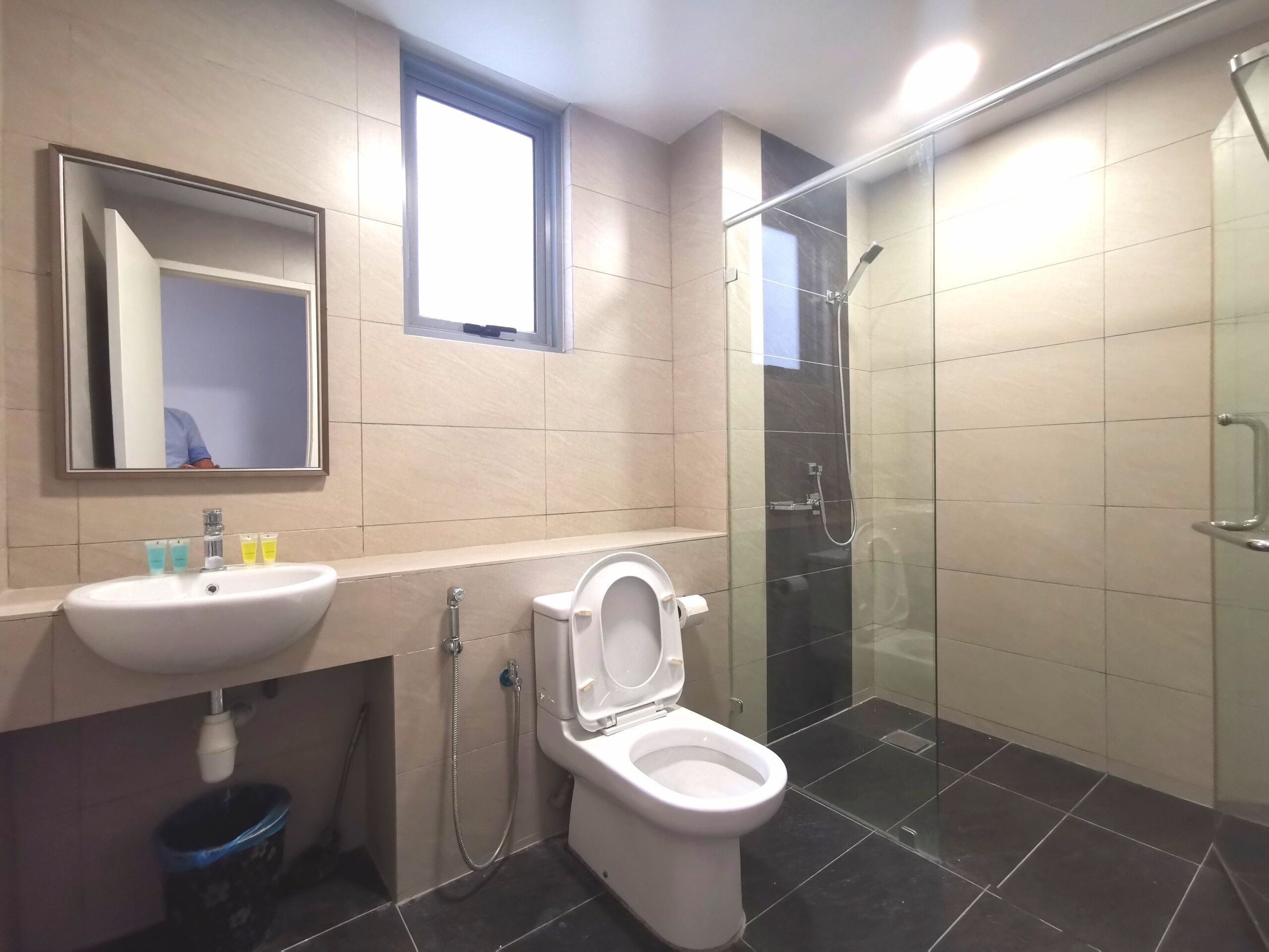Een moderne badkamer met een wastafel, toilet en douchecabine met glazen wanden.