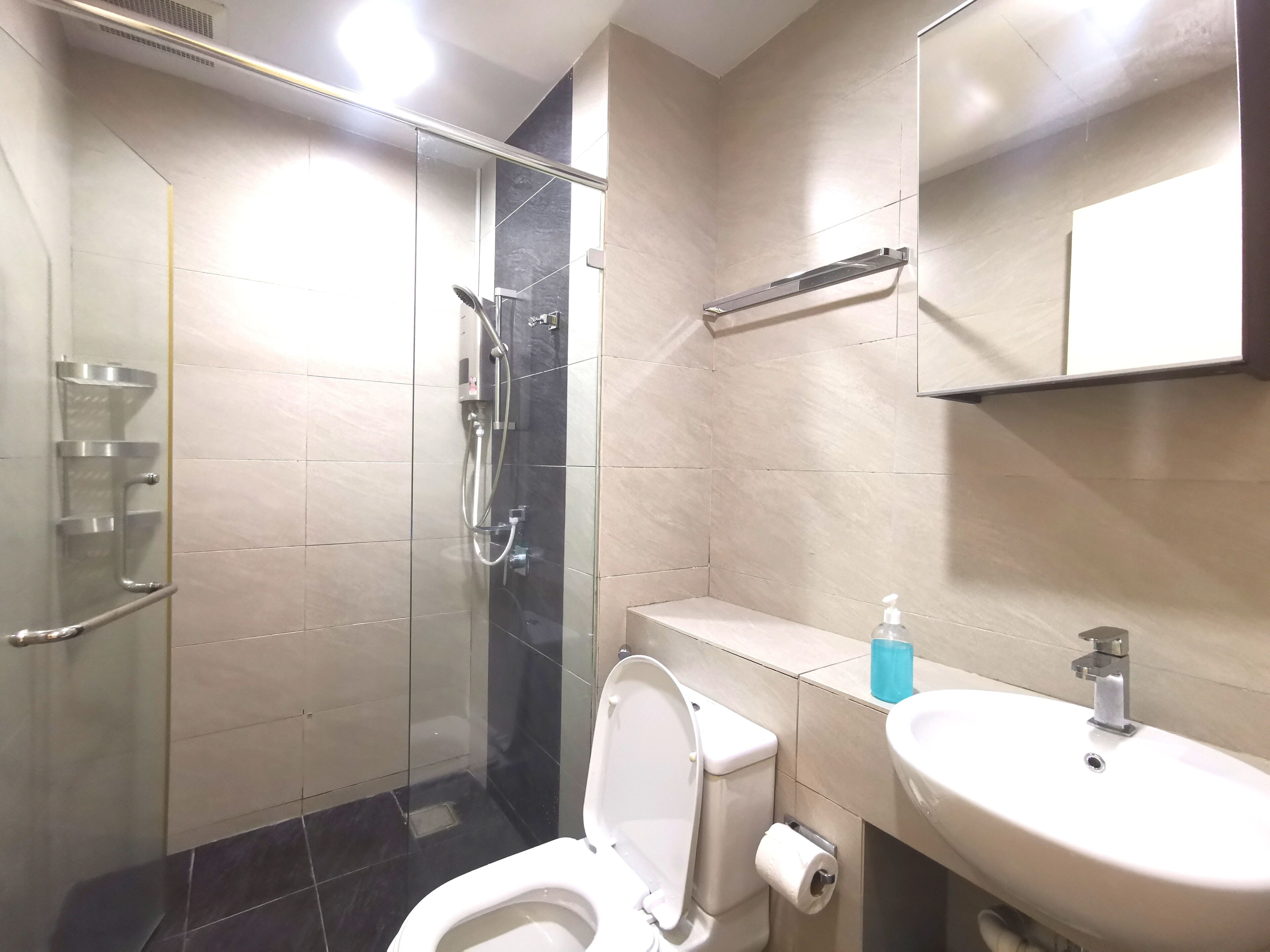 A modern bathroom with a glass-enclosed shower, a toilet, a sink, and a mirror.