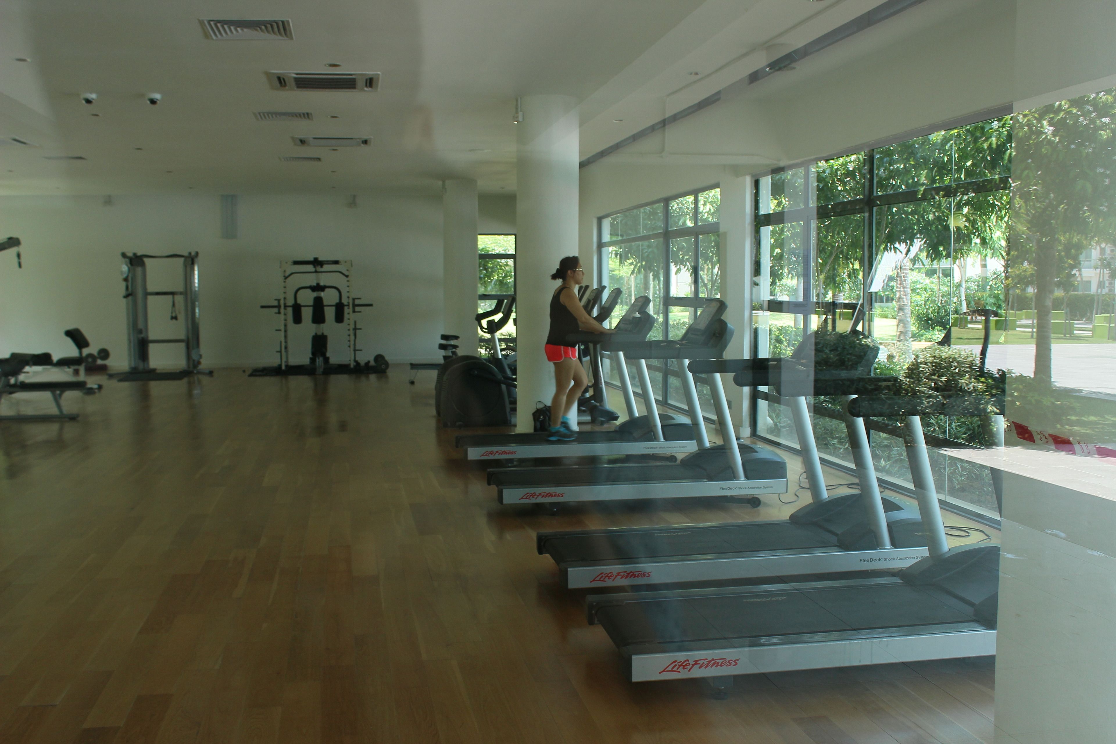 Academia com esteiras, máquinas de musculação e uma grande janela com vista para árvores.