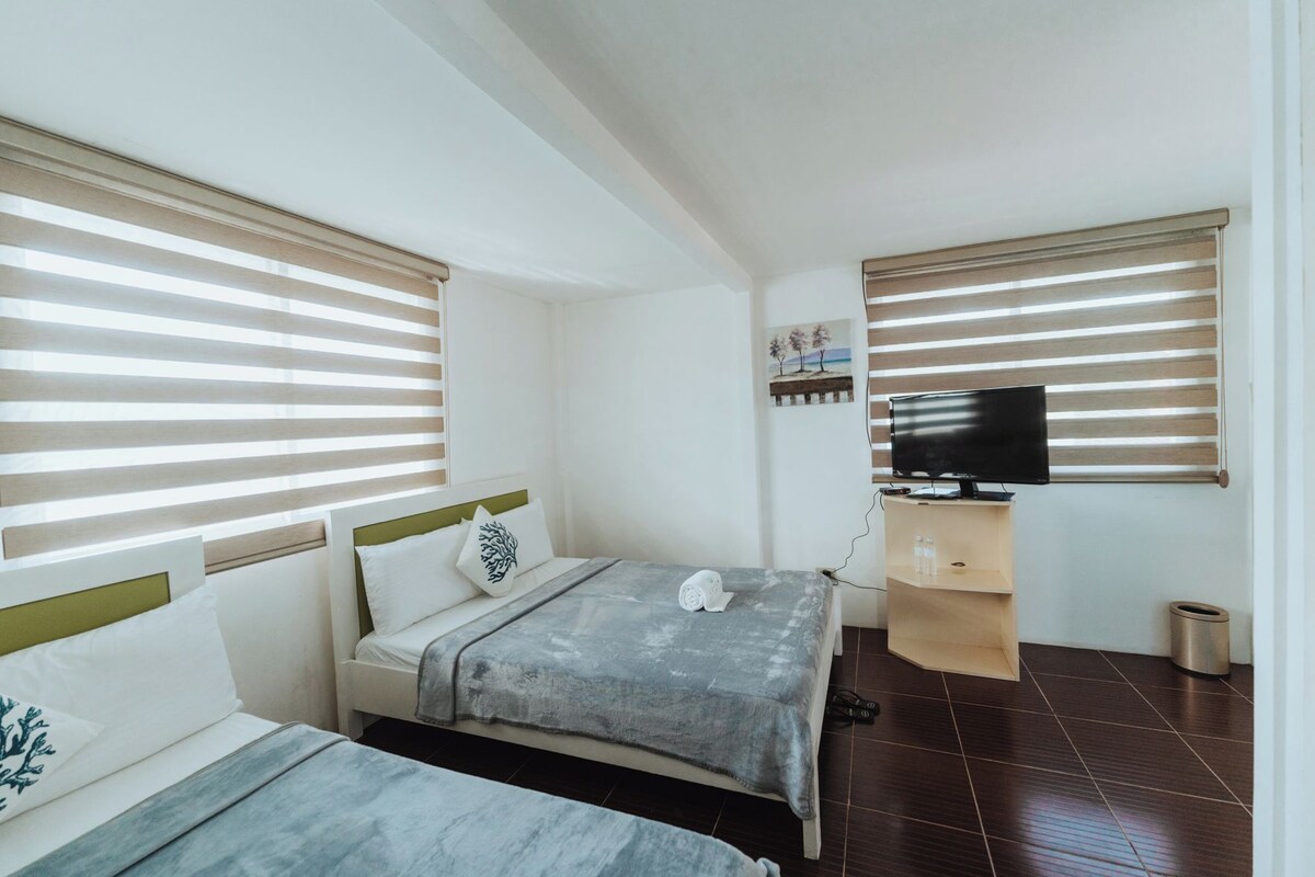 Habitación de hotel con cama, televisor, escritorio pequeño y un cesto de basura.