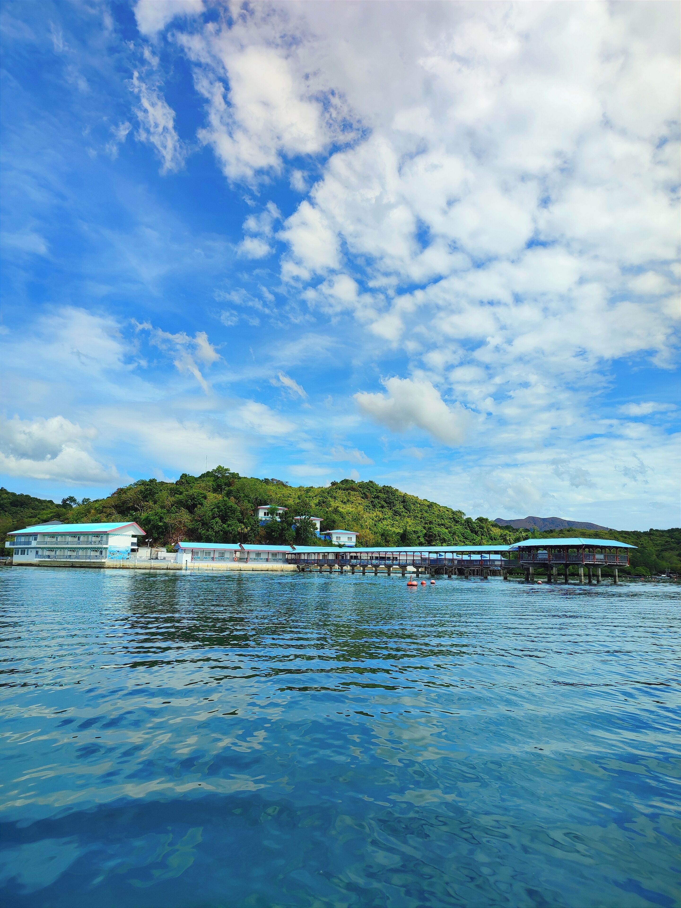 A waterfront property with a pier extending into the water, featuring several buildings with blue roofs and a lush green hillside in the background.