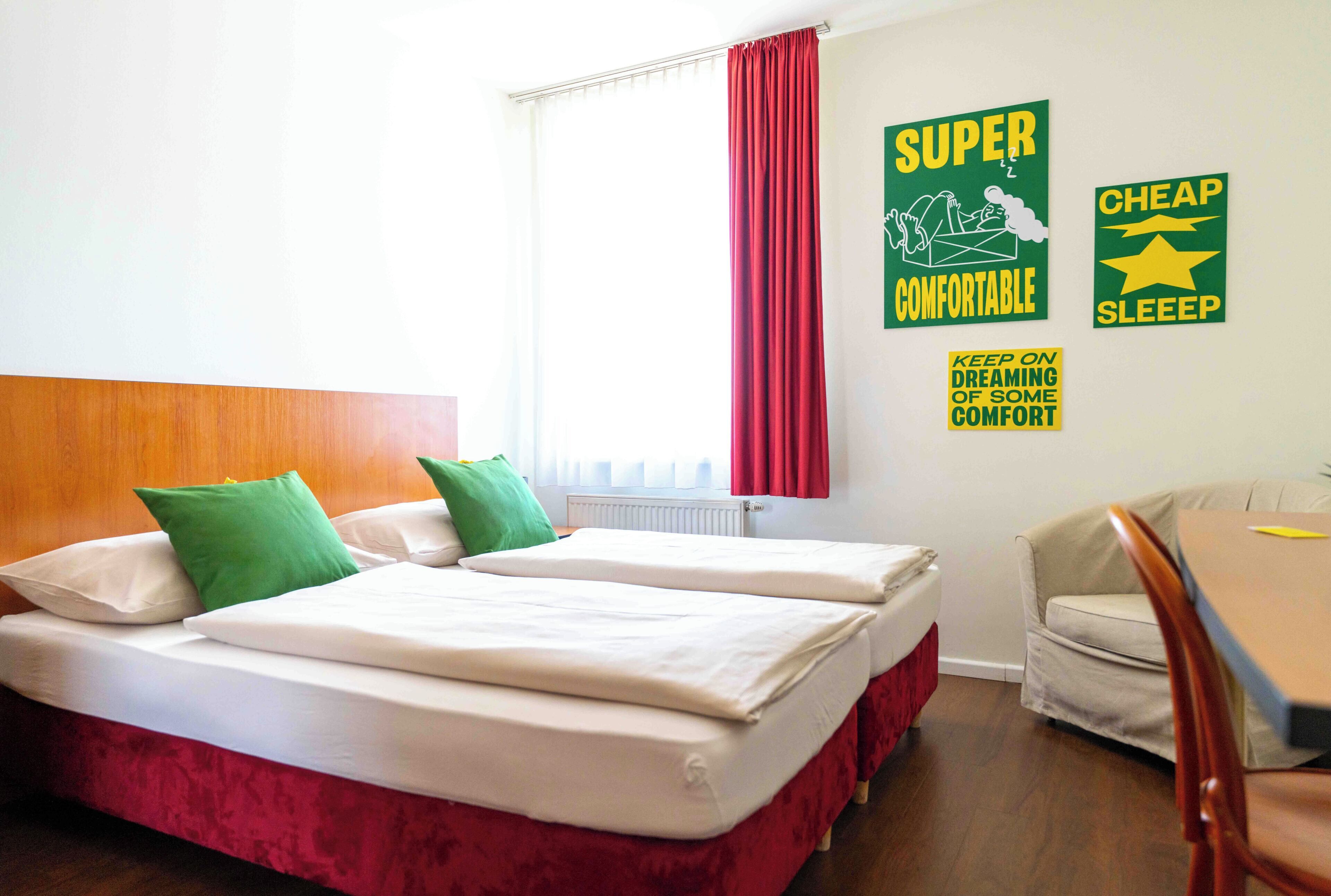 Desk, blackout curtains, free WiFi, bed sheets
