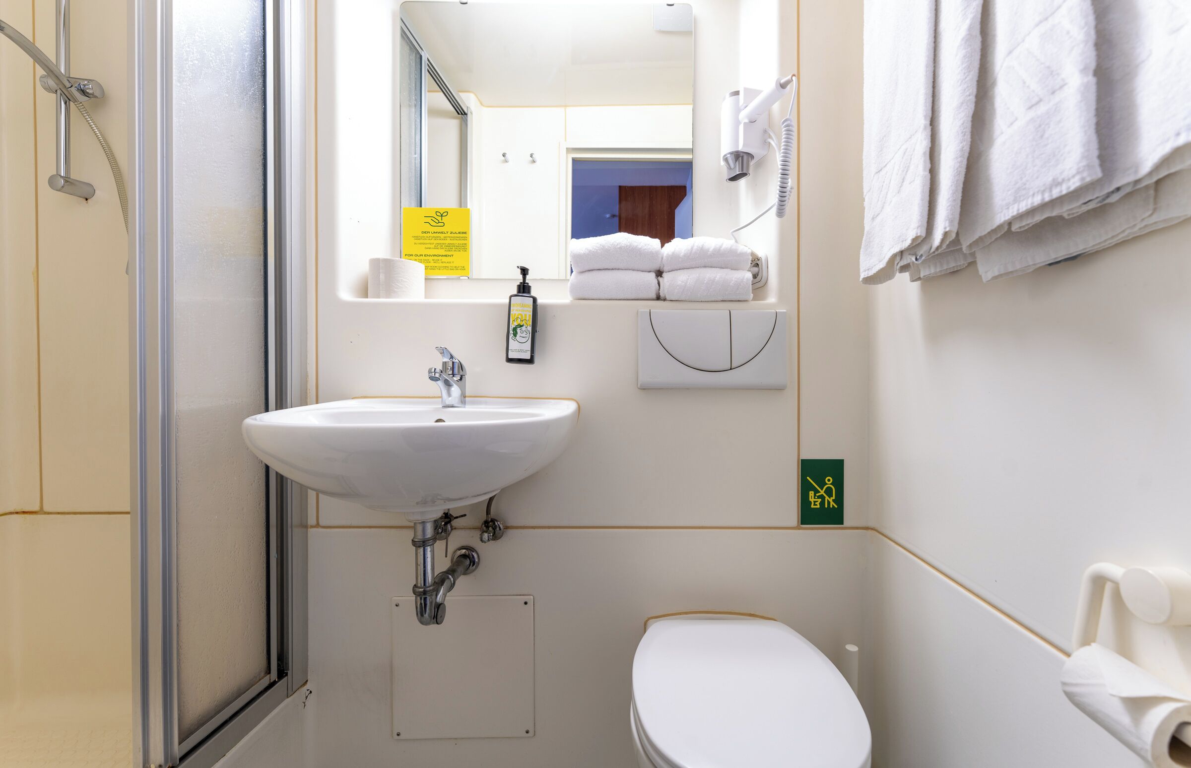 A bathroom with a white sink, a toilet, a shower, and a towel rack.