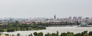 Un paisaje urbano con una aguja de iglesia destacada, un edificio con cúpula verde y zonas residenciales a lo largo de un río.