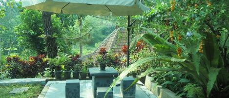 Un jardín con un banco de piedra, una sombrilla y diversas plantas.