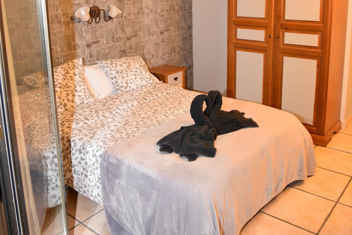 A bedroom with a bed, a nightstand, a wardrobe, and a shower area.