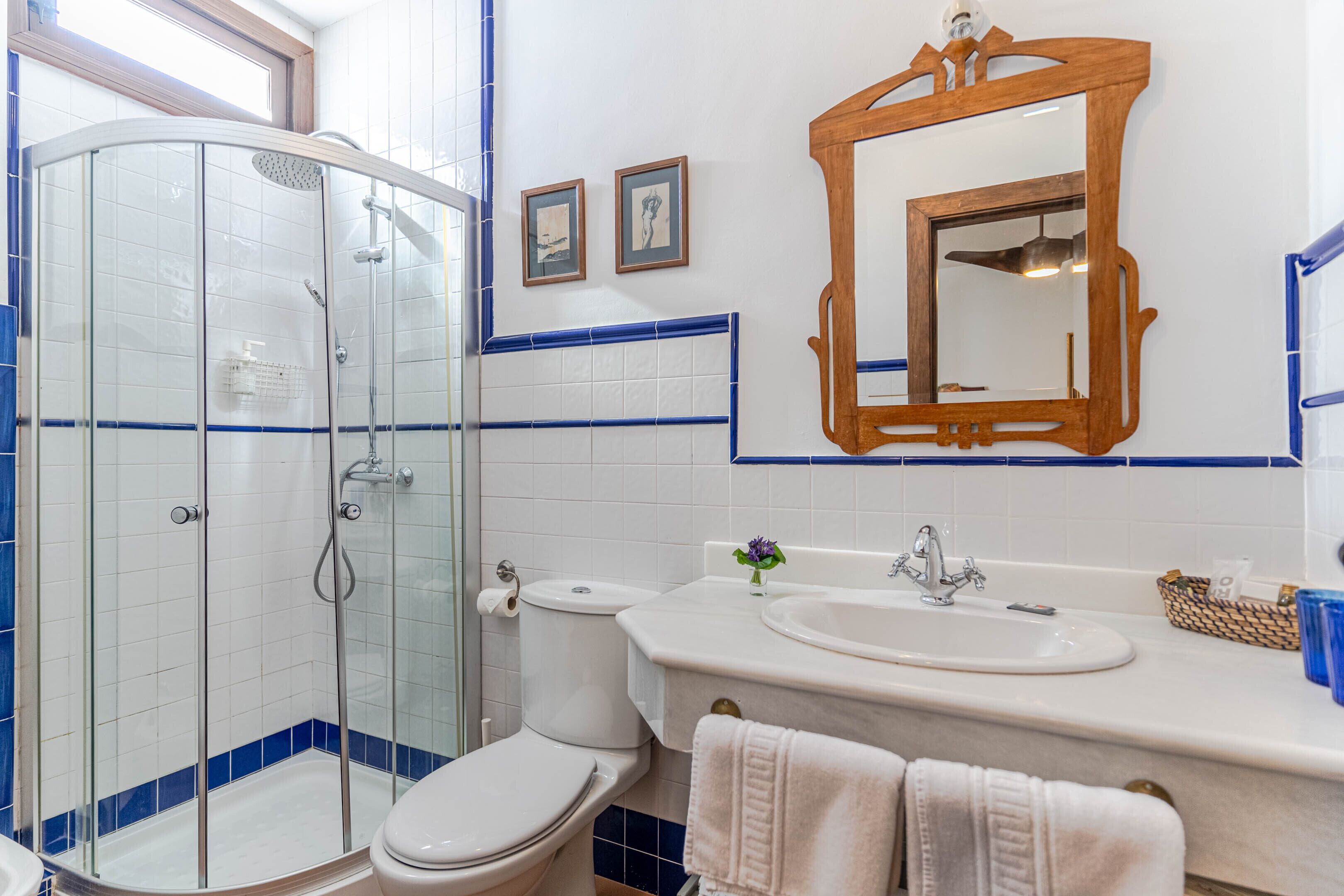 A bathroom with a glass-enclosed shower, a toilet, a sink, and a mirror.