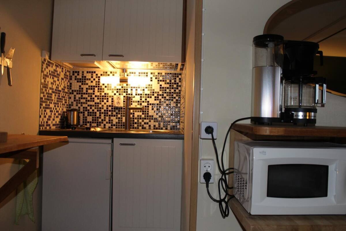 fridge, microwave, coffee/tea maker, electric kettle