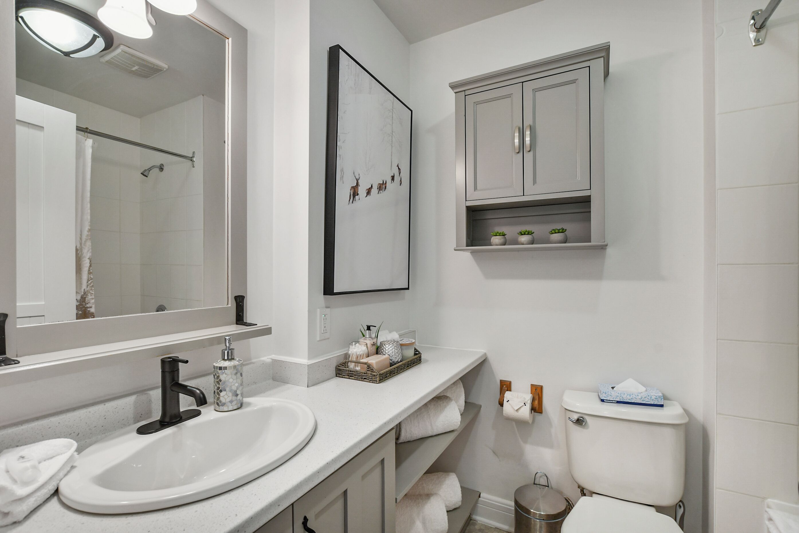 A bathroom with a white sink, a mirror, a toilet, and a cabinet with toiletries.