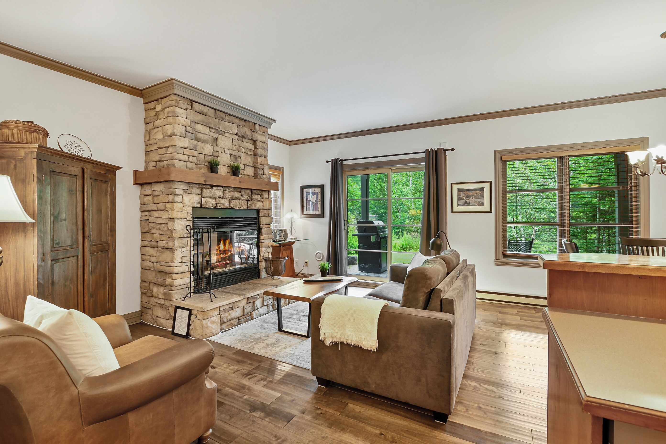 コンドミニアム 1 ベッドルーム (214-3) | リビング エリア | 30 インチの薄型テレビ (衛星放送視聴可)、テレビ、暖炉