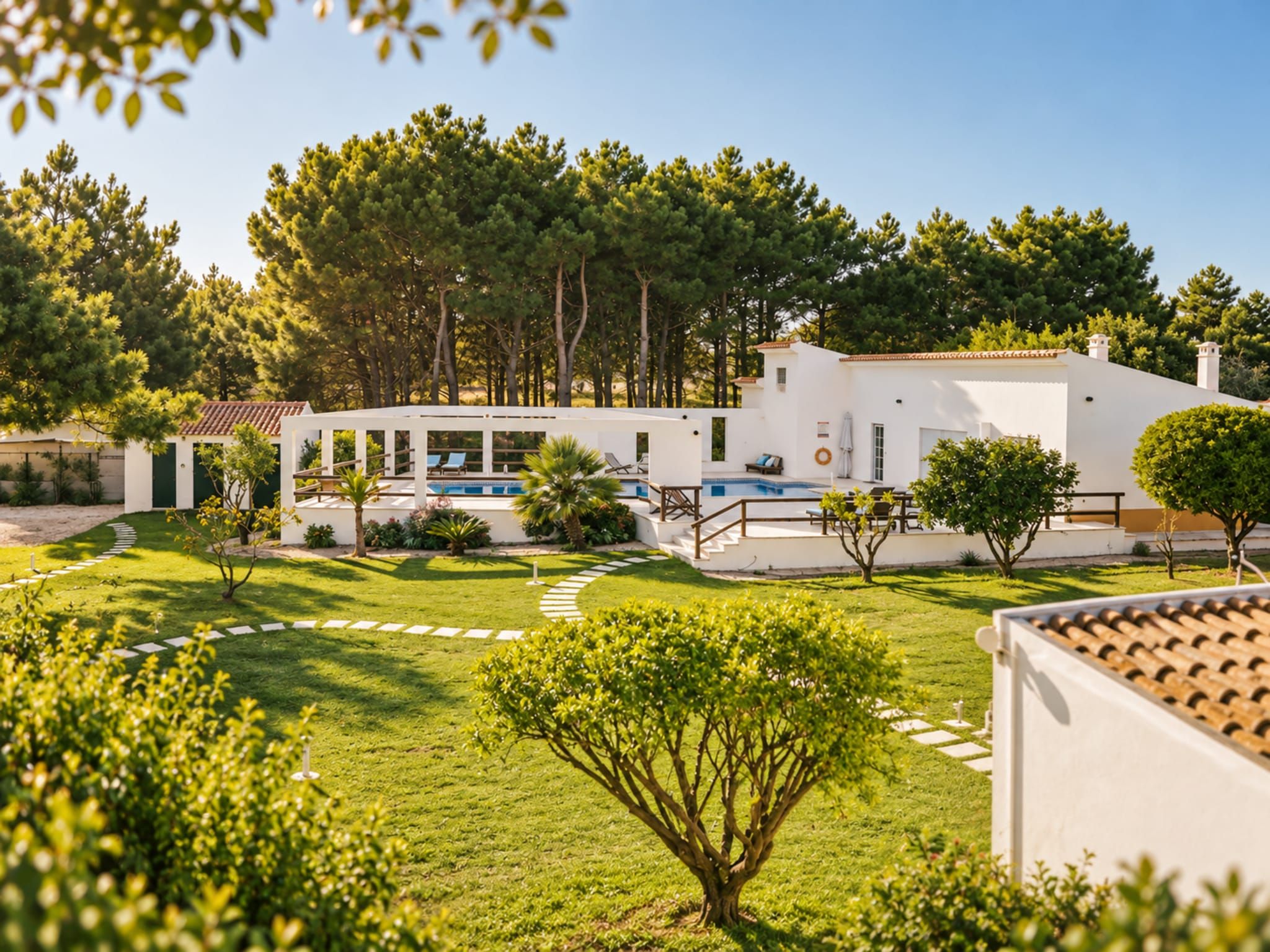 Una villa moderna con piscina, rodeada de exuberante follaje y árboles.