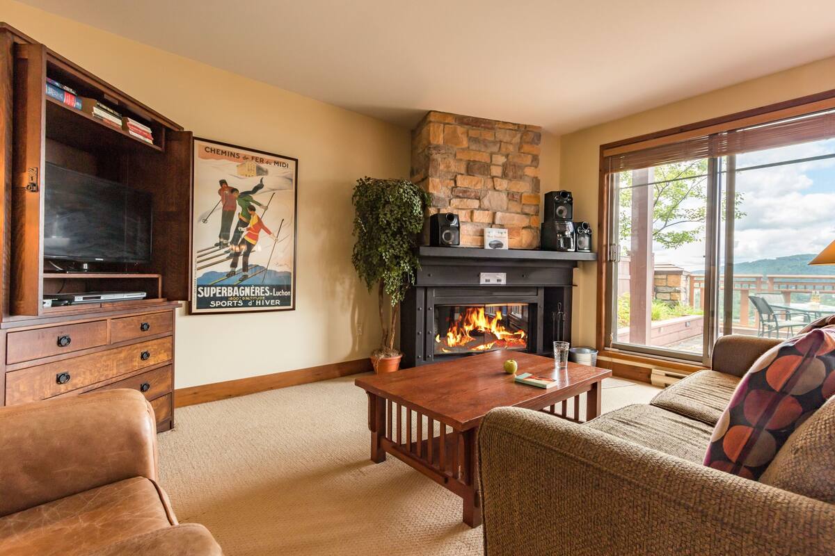 A living room with a fireplace, a television, and a sofa.