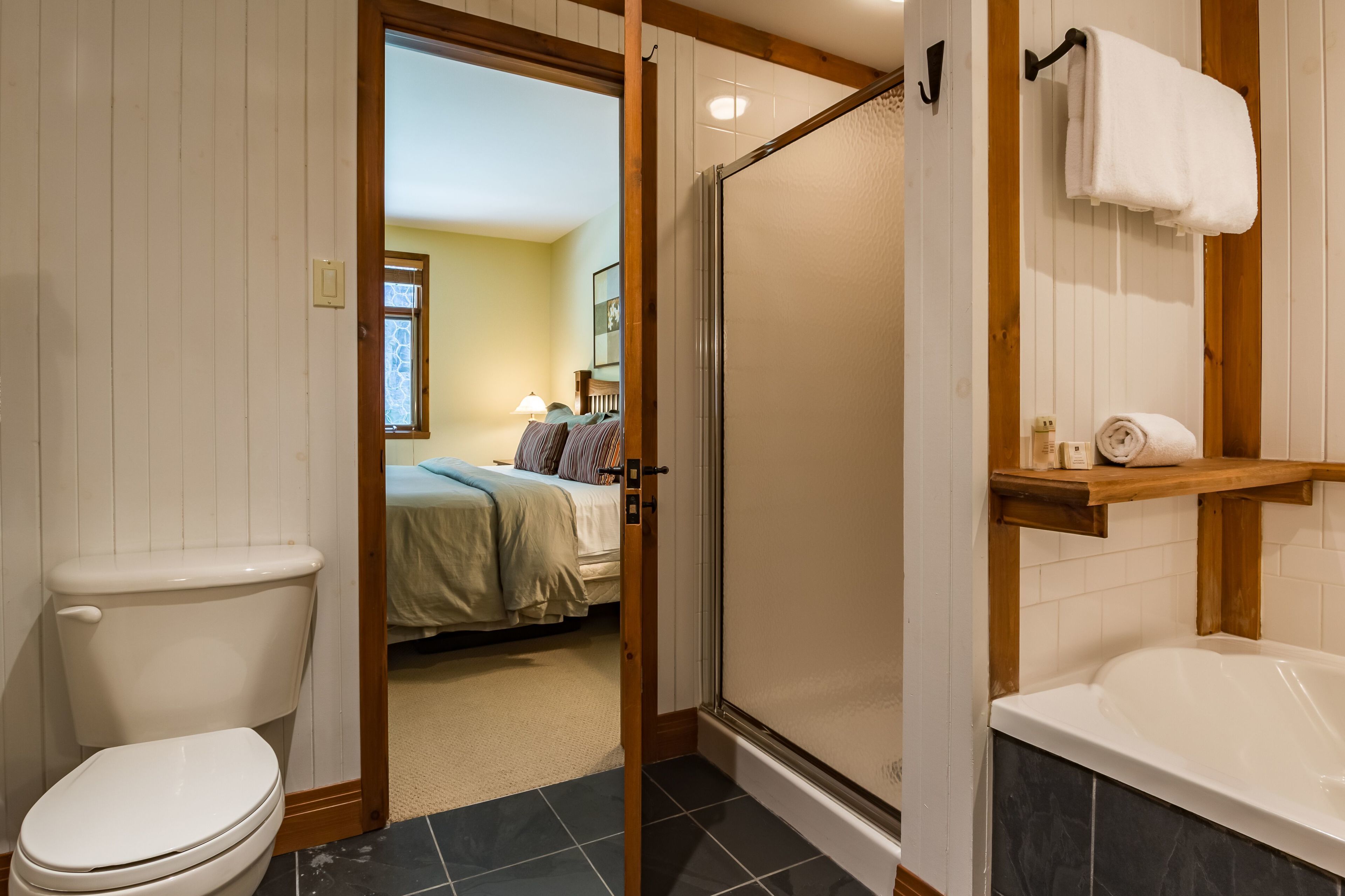 A bathroom with a toilet, shower, and bathtub.