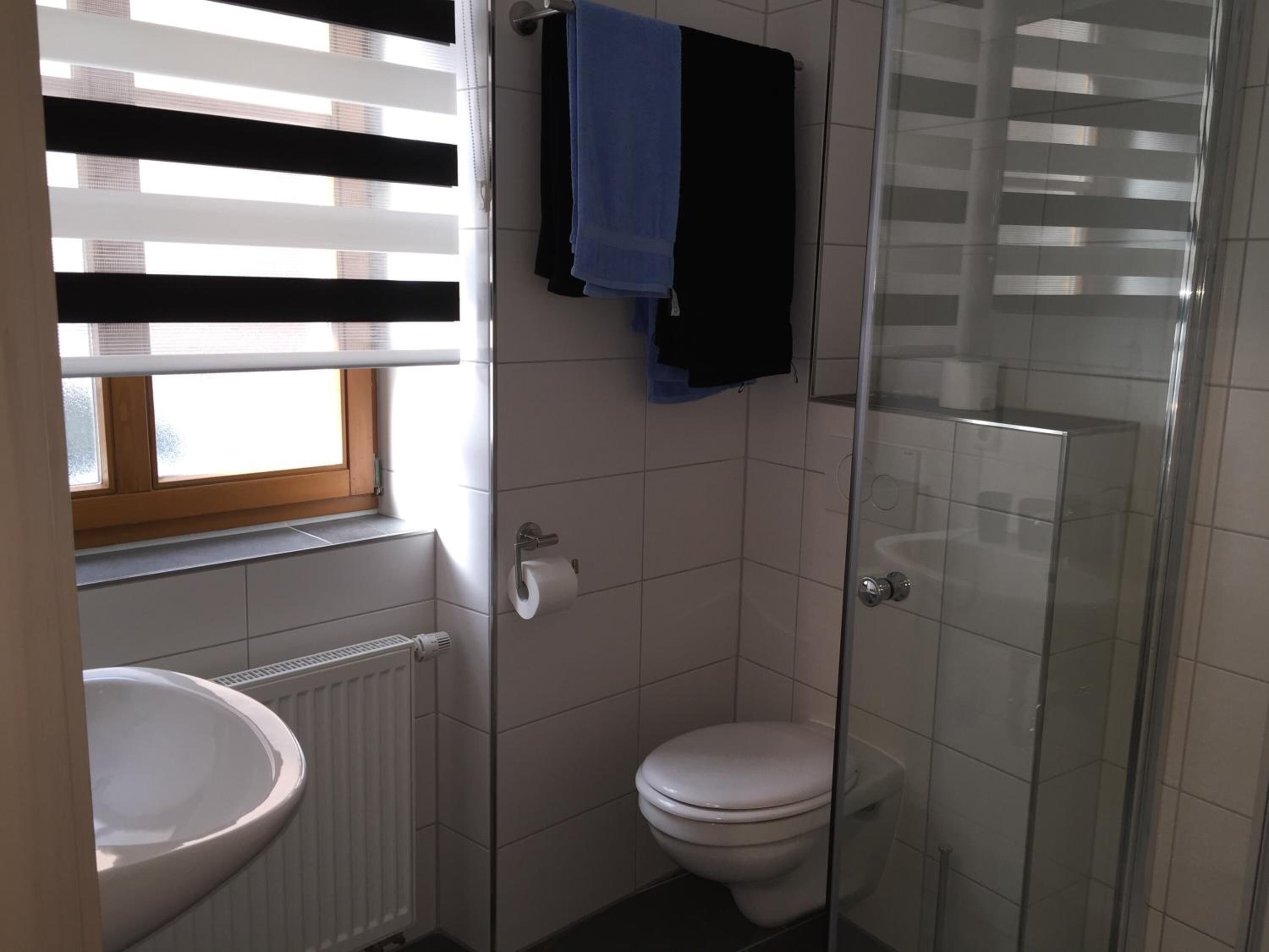 Egy fürdőszoba, amelyben WC, mosdókagyló és zuhanyzó található.