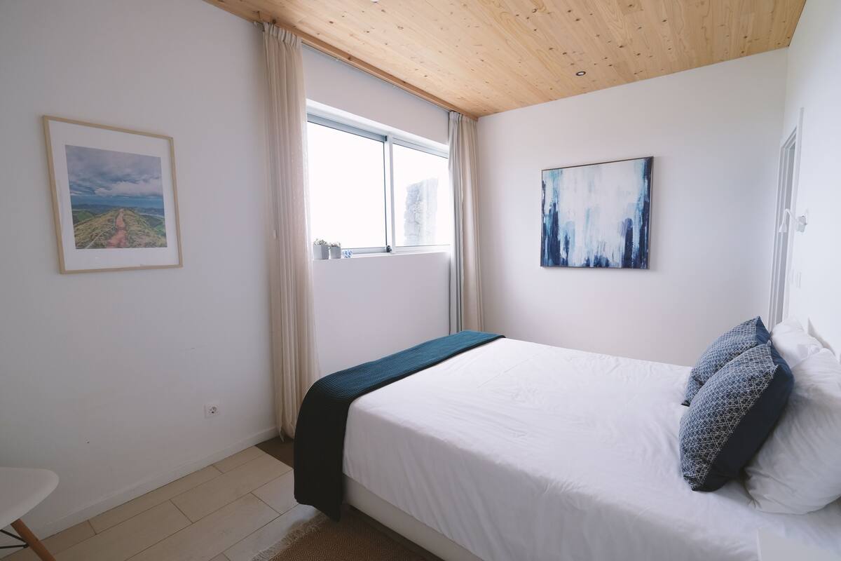 Een slaapkamer met een bed, een raam, een schilderij en een deur.