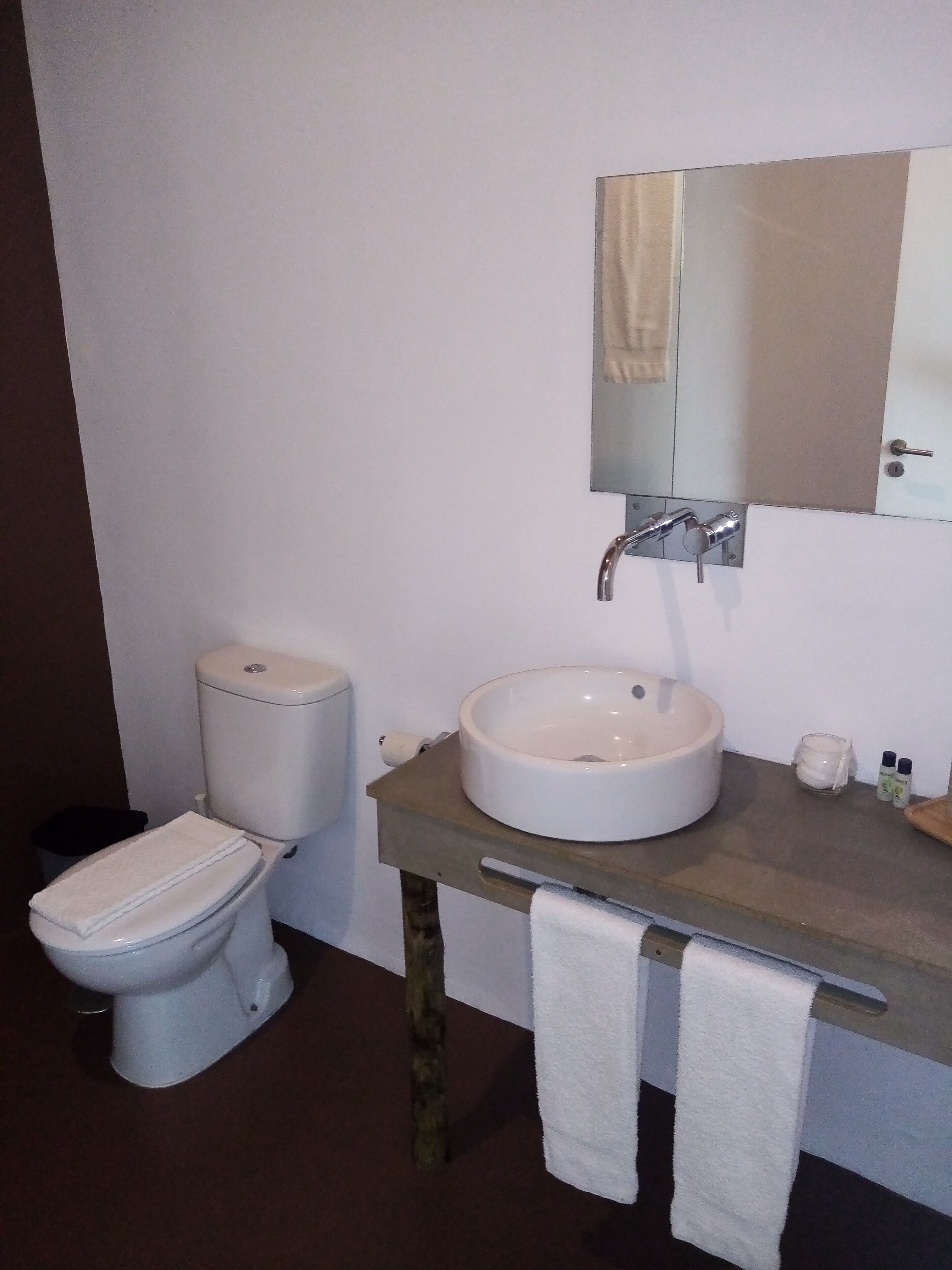 A bathroom with a toilet, sink, mirror, and towel rack.