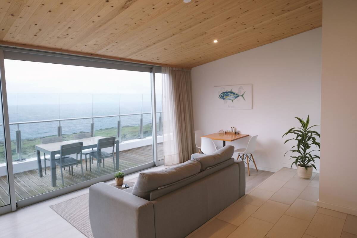 Een moderne woonkamer met een bank, een eettafel met stoelen, een plant in pot en uitzicht op de oceaan door grote glazen deuren.