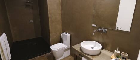 Un baño con inodoro, lavabo, espejo y ducha.