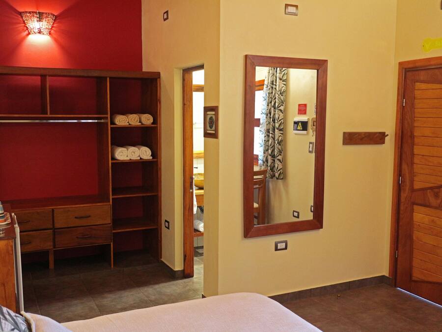 A hotel room with a bed, a wardrobe, a mirror, and a door.