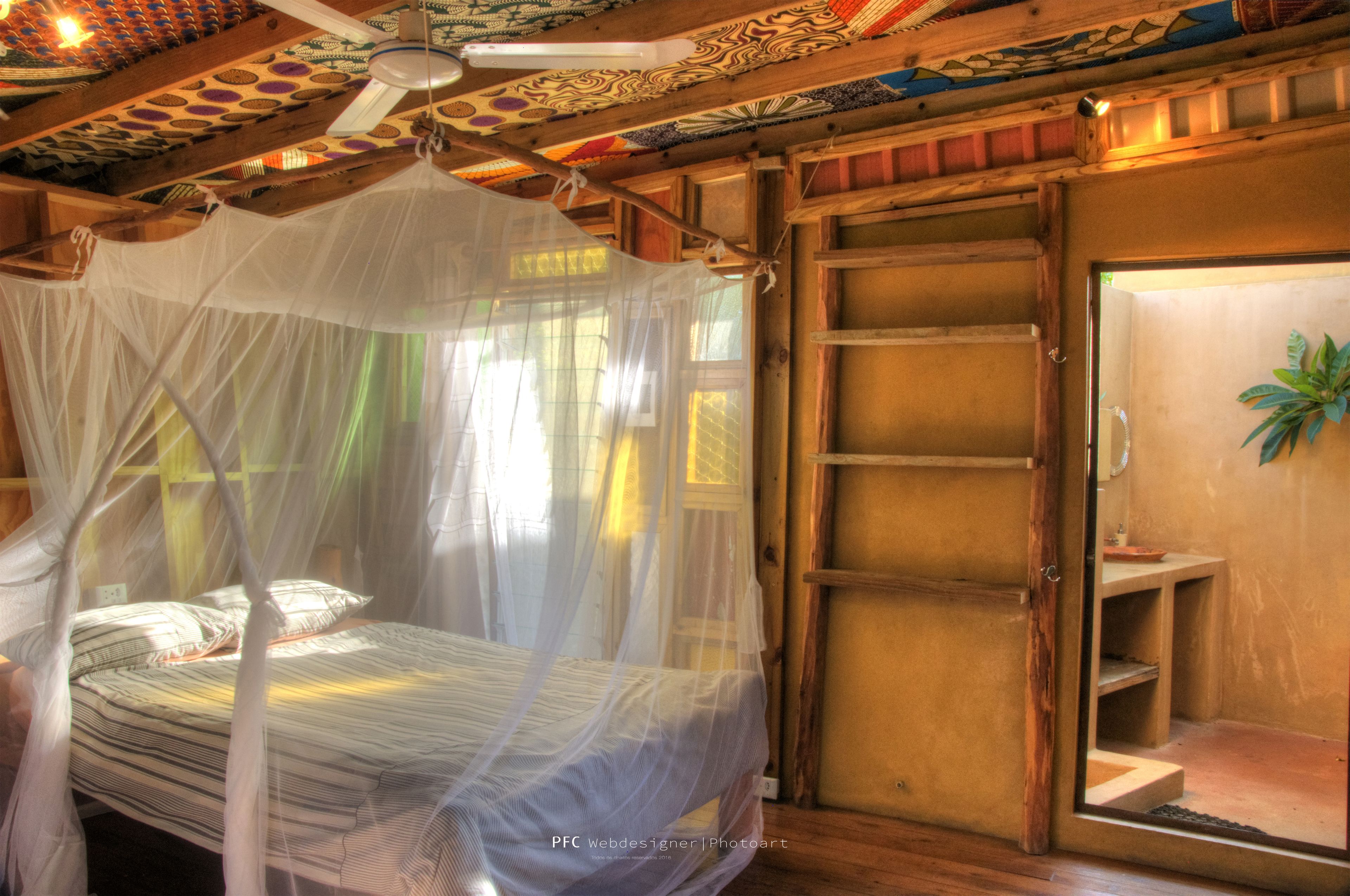 A room with a bed under a canopy, a wooden door, and a small shelf with a plant.