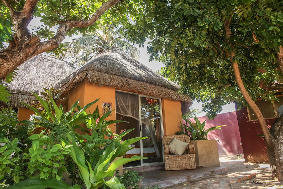 A thatched-roof hut with a sliding glass door, surrounded by lush greenery and a red wall in the background.