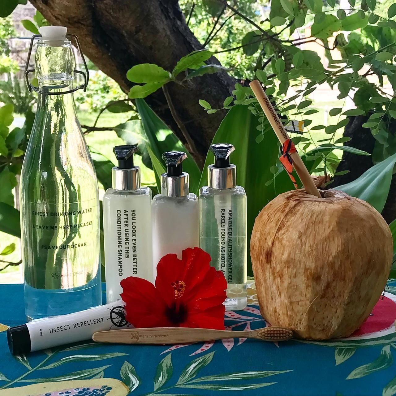A table with a coconut, a red flower, and various bottles of water and skincare products.