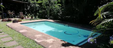 A rectangular swimming pool with a tiled edge, surrounded by a grassy area and potted plants.