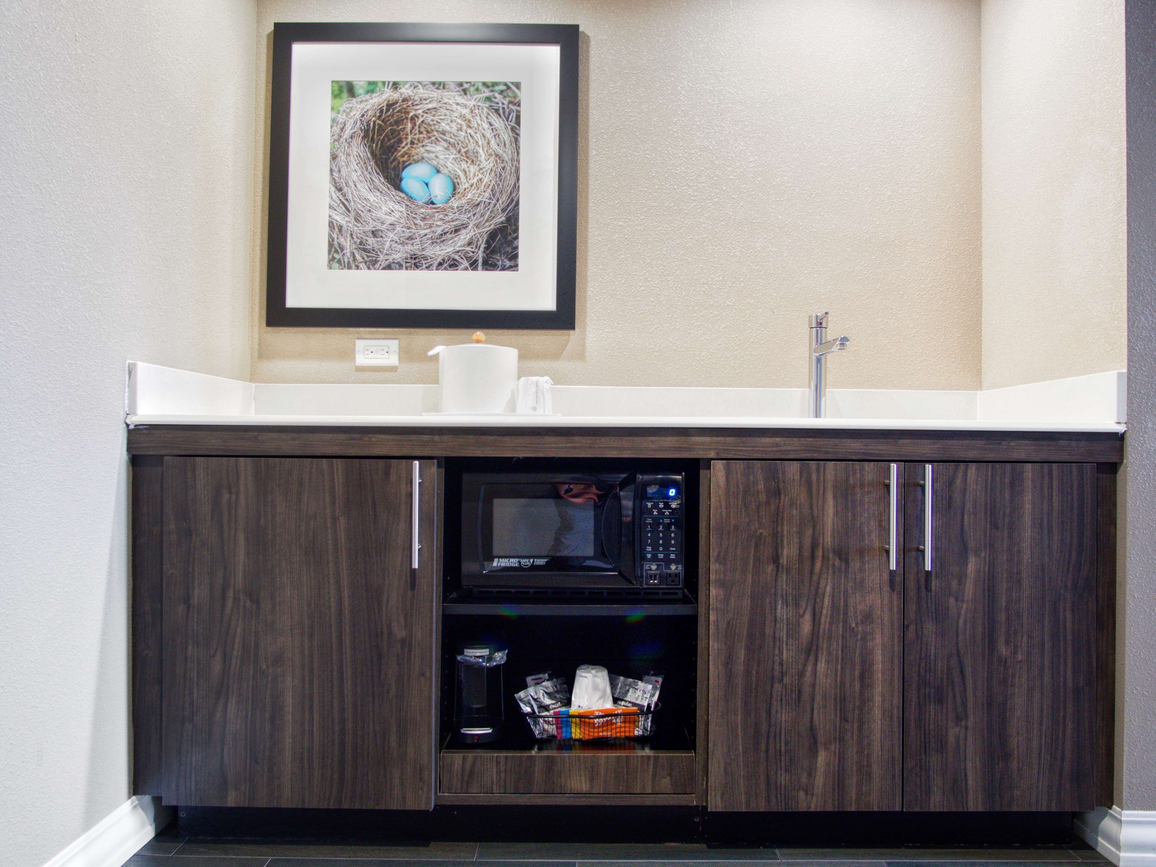 desk, laptop workspace, blackout curtains, iron/ironing board