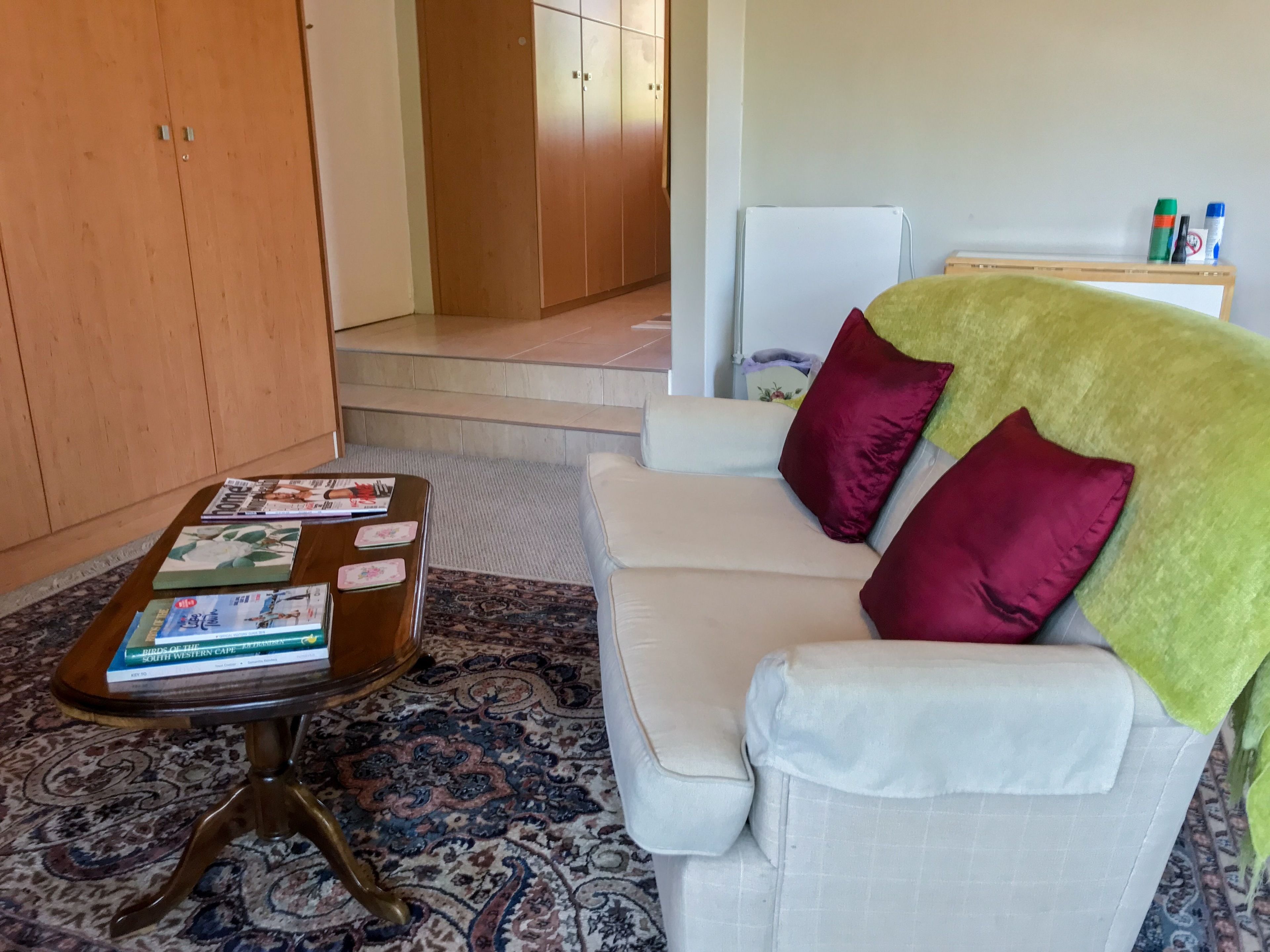A living room with a white sofa, a small wooden table with magazines, a patterned rug, and a green throw blanket.