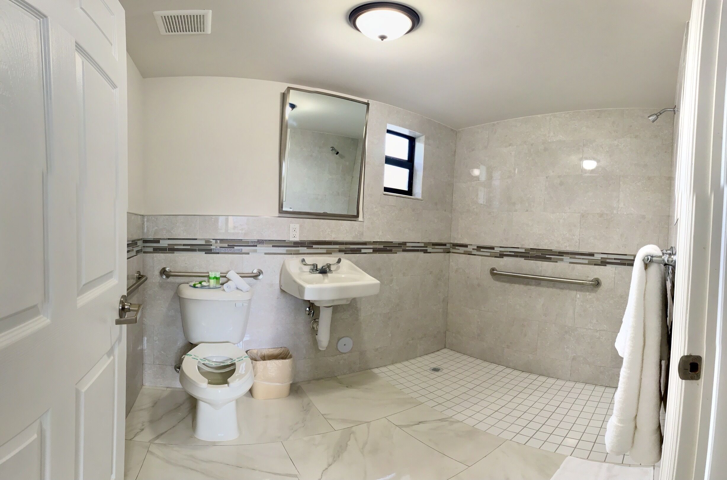 A bathroom with a toilet, sink, mirror, shower, and grab bars.