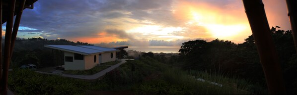 A modern house with a flat roof, surrounded by lush greenery and overlooking a body of water.