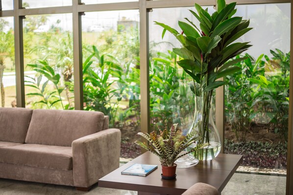 A room with a sofa, a table with a potted plant, and a view of greenery outside.