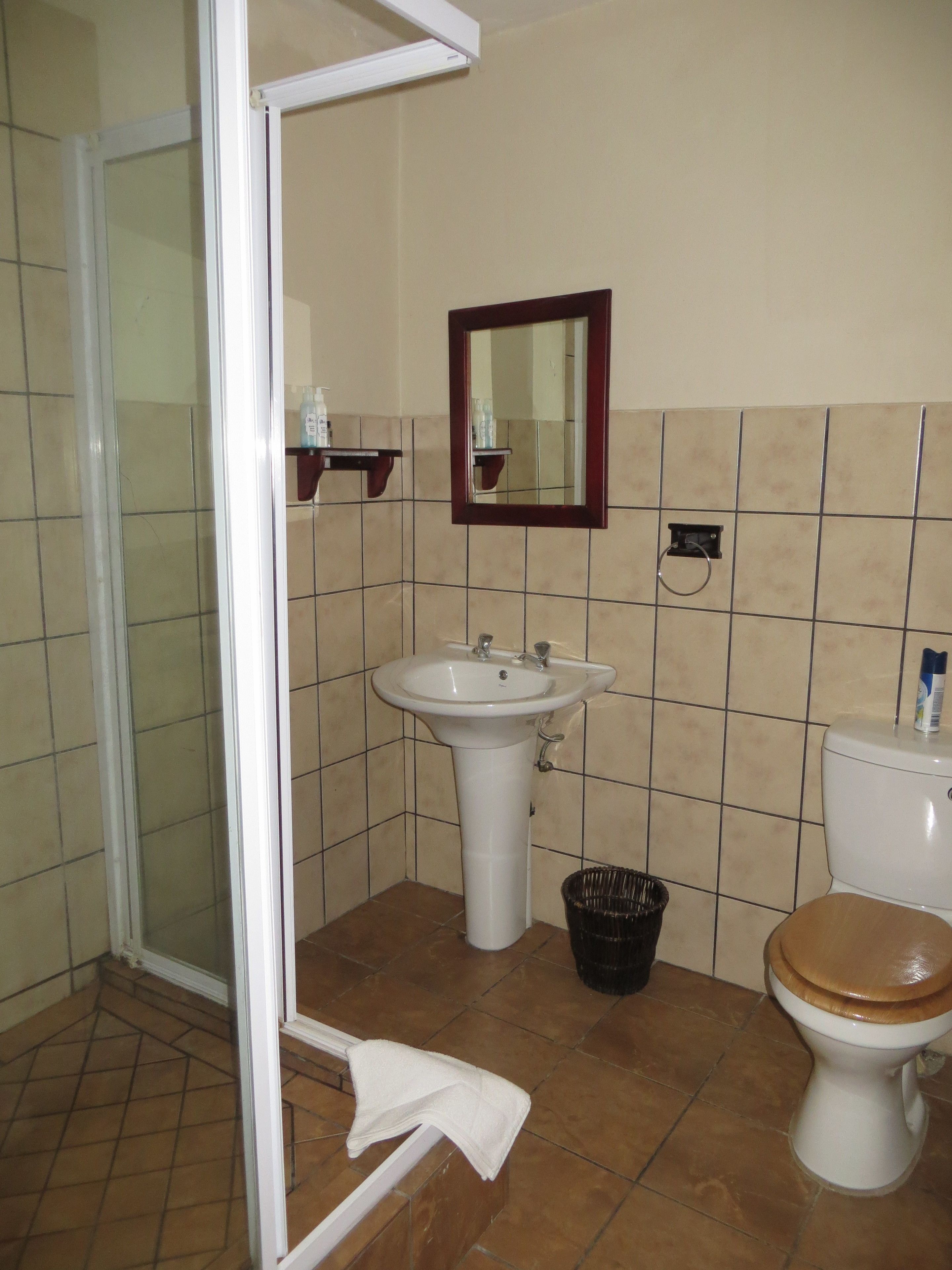 Un baño con ducha, lavabo, espejo e inodoro.