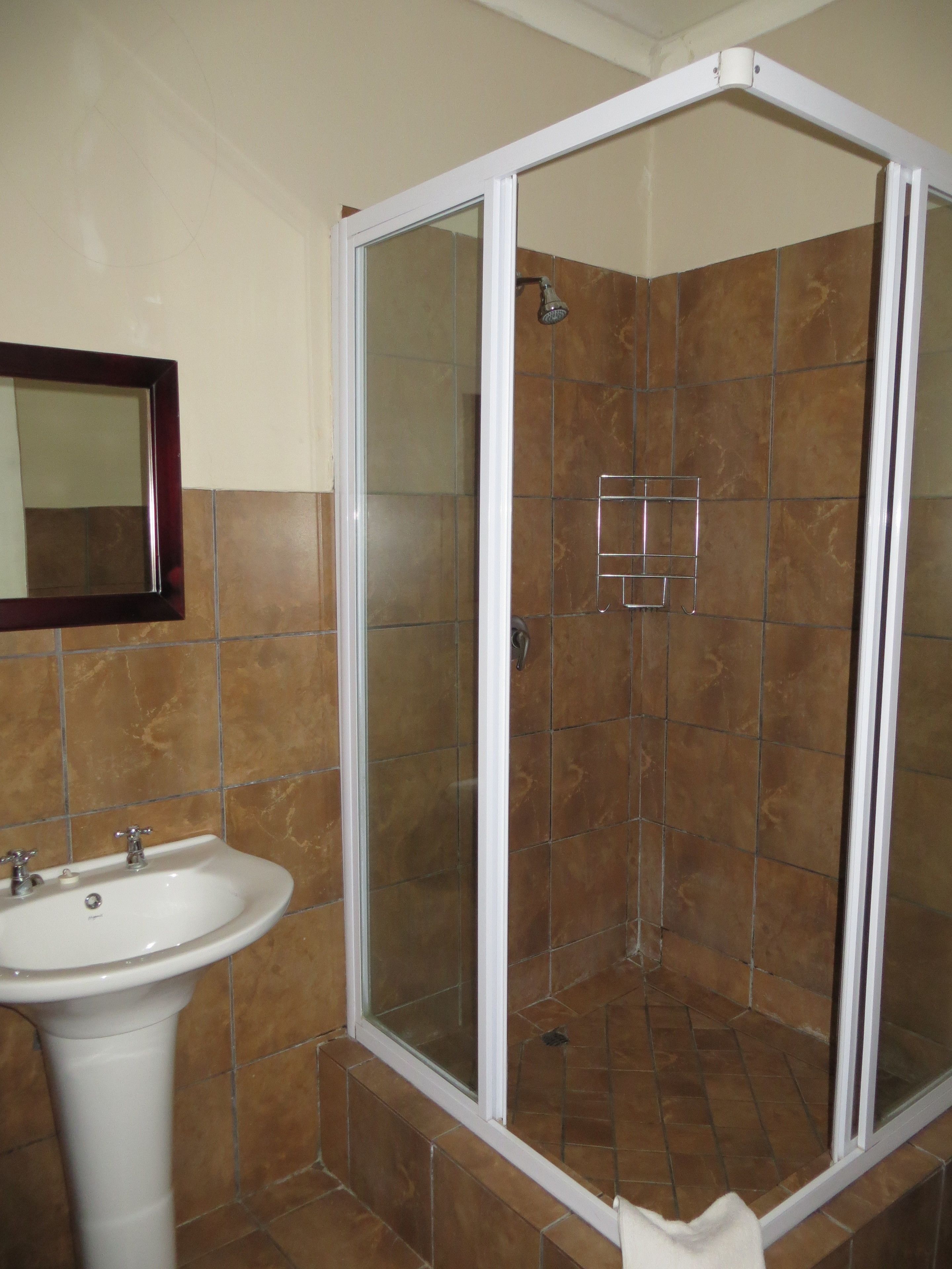 A bathroom with a shower, sink, and mirror.