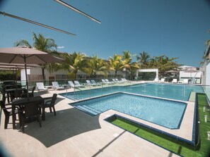 Outdoor pool, a waterfall pool