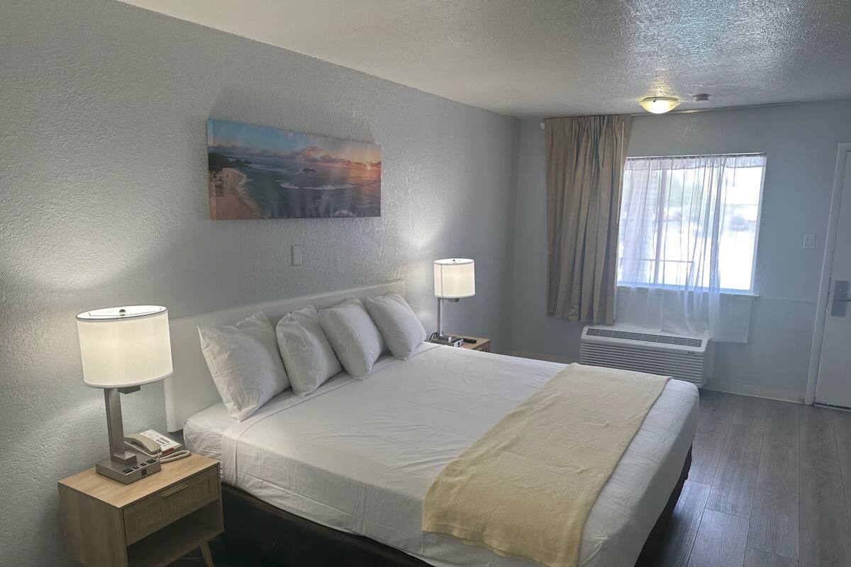 A hotel room with a large bed, two bedside lamps, a painting on the wall, a window with curtains, and a ceiling light.